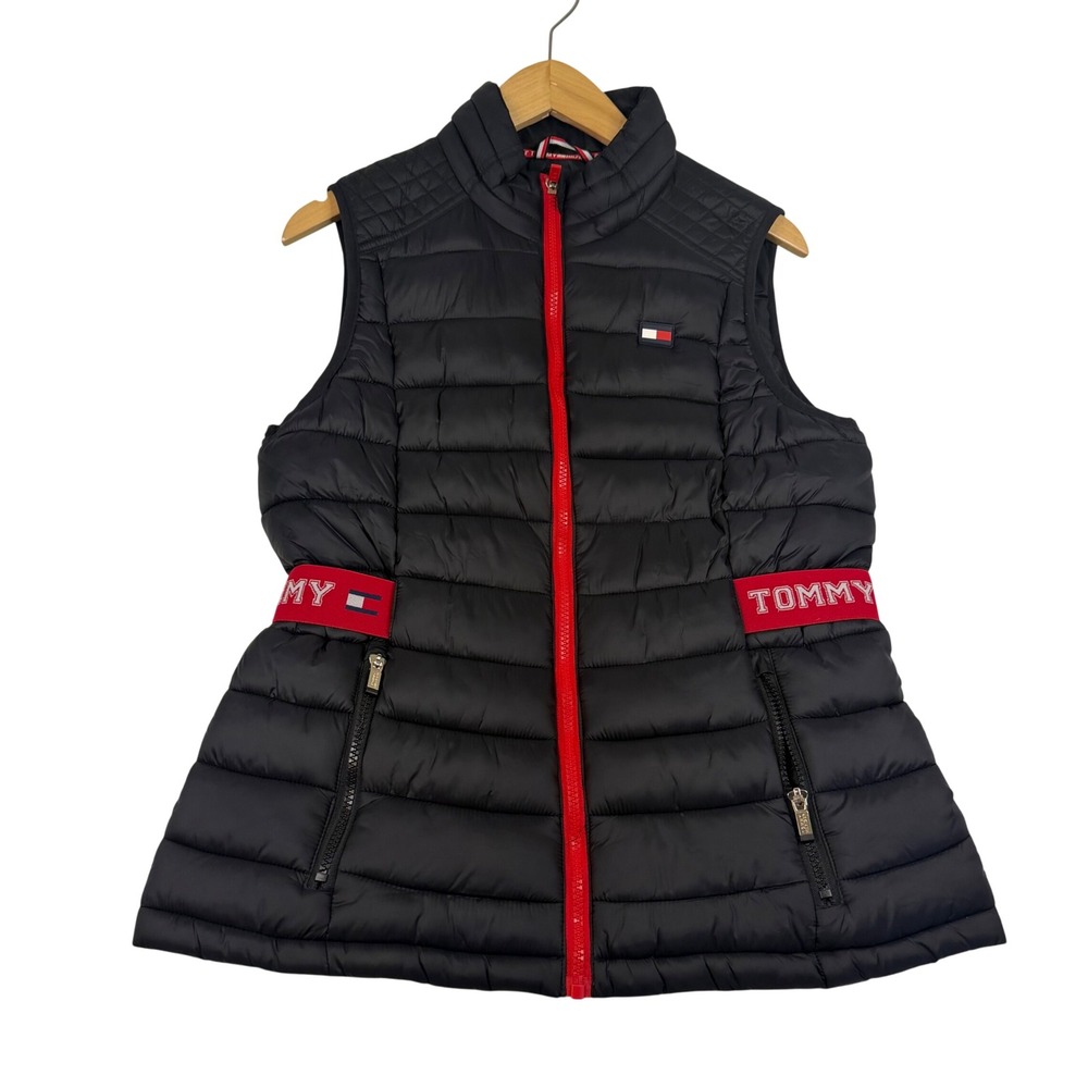 Tommy Hilfiger Sport Womens Black Puffer Vest Red Zip Logo Waist Medium